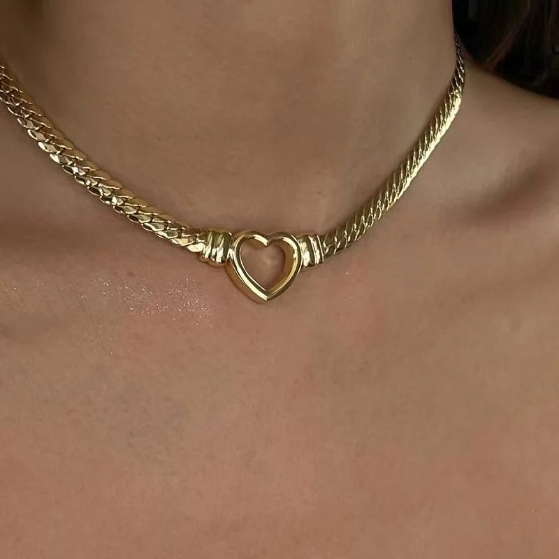 Cuban Chain Hollow Heart Necklace